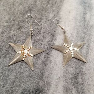 Vintage Silver Tone Star and Rhinestone Dangle Earrings, Estate